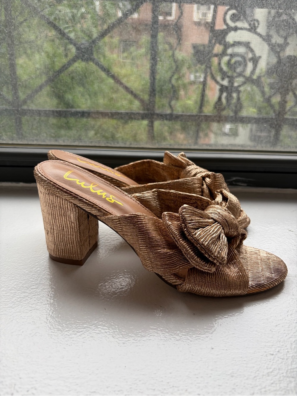 Lulu's Metallic Gold Knot Block Heel Mules